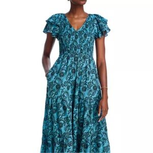 Banjanan Green and Blue Smocked Tiered Maxi Dress